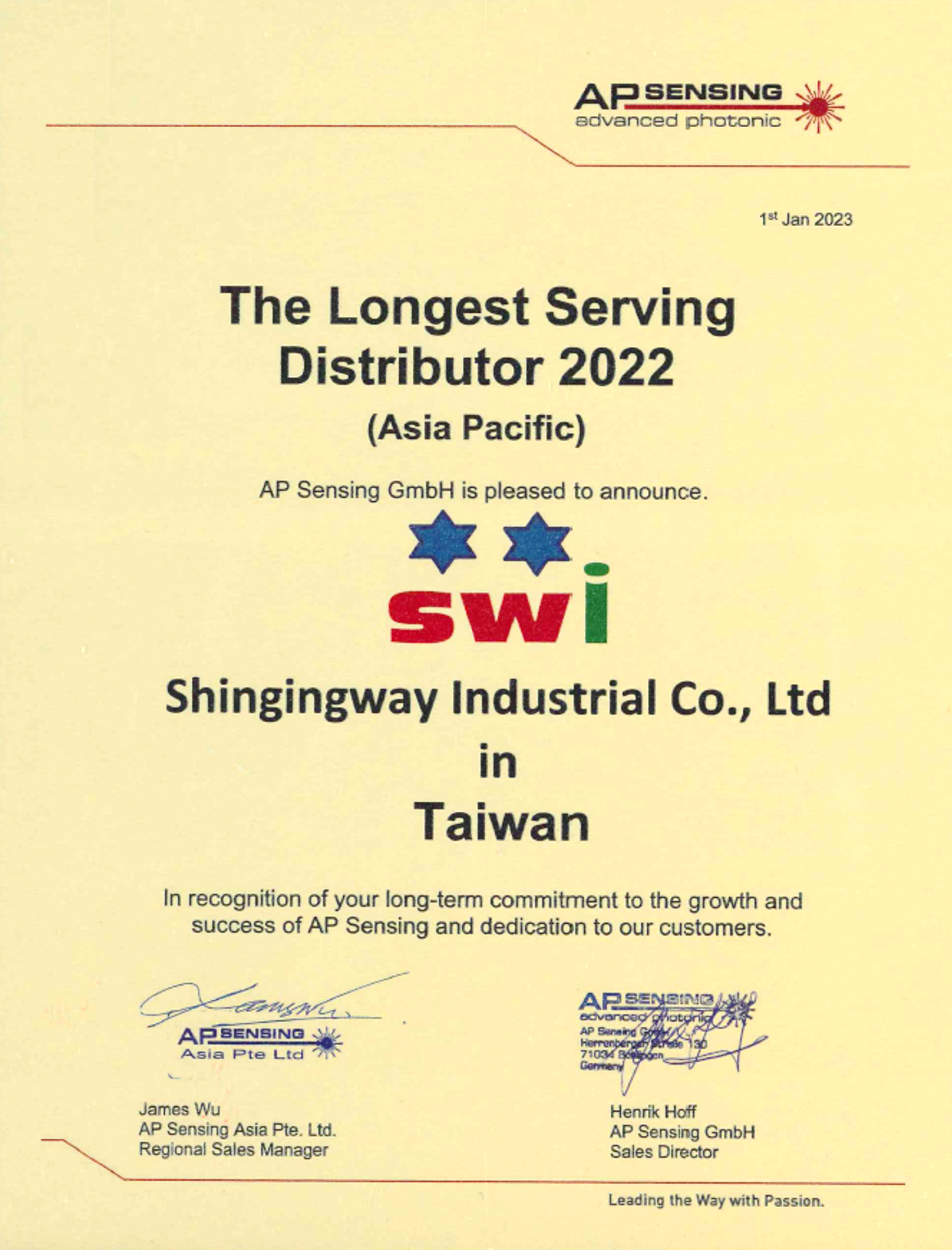 榮獲 AP Sensing 2022 年度「亞太區最佳經銷商」殊榮